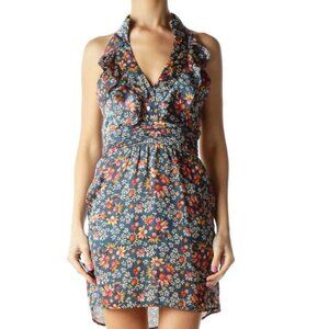 Sweet Candy Blue Flower Print High Neck Day Dress